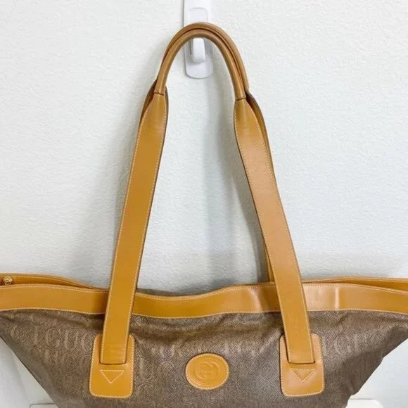Gucci Vintage Trapezoid Canvas Logo Monogram Tan Gold Leather Tote Bag - Picture 10 of 15